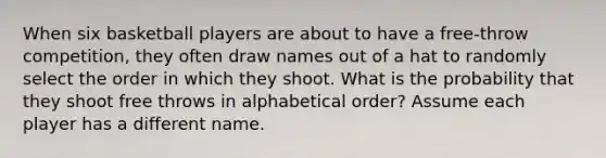 When six basketball players are about to have a​ free-throw competition, they often draw names out of a hat to randomly select the order in which they shoot. What is the probability that they shoot free throws in alphabetical​ order? Assume each player has a different name.