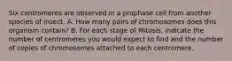 Six centromeres are observed in a prophase cell from another species of insect. A. How many pairs of chromosomes does this organism contain? B. For each stage of Mitosis, indicate the number of centromeres you would expect to find and the number of copies of chromosomes attached to each centromere.