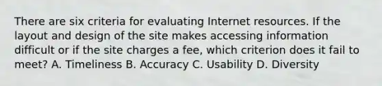 There are six criteria for evaluating Internet resources. If the layout and design of the site makes accessing information difficult or if the site charges a​ fee, which criterion does it fail to​ meet? A. Timeliness B. Accuracy C. Usability D. Diversity