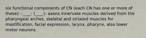 six functional components of CN (each CN has one or more of these): -____: (____)- axons innervate muscles derived from the pharyngeal arches, skeletal and striated muscles for mastification, facial expression, larynx, pharynx, also lower motor neurons