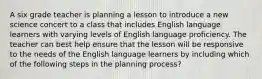 A six grade teacher is planning a lesson to introduce a new science concert to a class that includes English language learners with varying levels of English language proficiency. The teacher can best help ensure that the lesson will be responsive to the needs of the English language learners by including which of the following steps in the planning process?