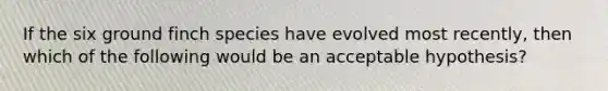 If the six ground finch species have evolved most recently, then which of the following would be an acceptable hypothesis?
