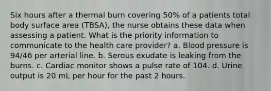 Six hours after a thermal burn covering 50% of a patients total body surface area (TBSA), the nurse obtains these data when assessing a patient. What is the priority information to communicate to the health care provider? a. Blood pressure is 94/46 per arterial line. b. Serous exudate is leaking from the burns. c. Cardiac monitor shows a pulse rate of 104. d. Urine output is 20 mL per hour for the past 2 hours.