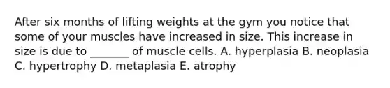 After six months of lifting weights at the gym you notice that some of your muscles have increased in size. This increase in size is due to _______ of muscle cells. A. hyperplasia B. neoplasia C. hypertrophy D. metaplasia E. atrophy