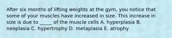 After six months of lifting weights at the gym, you notice that some of your muscles have increased in size. This increase in size is due to _____ of the muscle cells A. hyperplasia B. neoplasia C. hypertrophy D. metaplasia E. atrophy