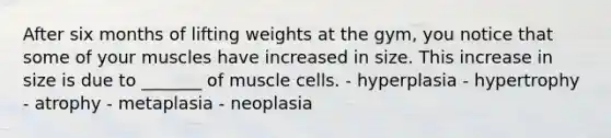 After six months of lifting weights at the gym, you notice that some of your muscles have increased in size. This increase in size is due to _______ of muscle cells. - hyperplasia - hypertrophy - atrophy - metaplasia - neoplasia