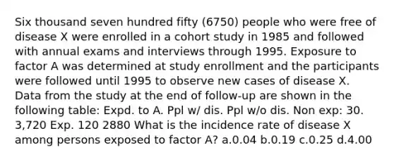 Six thousand seven hundred fifty (6750) people who were free of disease X were enrolled in a cohort study in 1985 and followed with annual exams and interviews through 1995. Exposure to factor A was determined at study enrollment and the participants were followed until 1995 to observe new cases of disease X. Data from the study at the end of follow-up are shown in the following table: Expd. to A. Ppl w/ dis. Ppl w/o dis. Non exp: 30. 3,720 Exp. 120 2880 What is the incidence rate of disease X among persons exposed to factor A? a.0.04 b.0.19 c.0.25 d.4.00