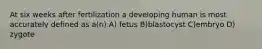 At six weeks after fertilization a developing human is most accurately defined as a(n) A) fetus B)blastocyst C)embryo D) zygote