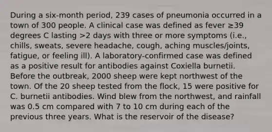 During a six-month period, 239 cases of pneumonia occurred in a town of 300 people. A clinical case was defined as fever ≥39 degrees C lasting >2 days with three or more symptoms (i.e., chills, sweats, severe headache, cough, aching muscles/joints, fatigue, or feeling ill). A laboratory-confirmed case was defined as a positive result for antibodies against Coxiella burnetii. Before the outbreak, 2000 sheep were kept northwest of the town. Of the 20 sheep tested from the flock, 15 were positive for C. burnetii antibodies. Wind blew from the northwest, and rainfall was 0.5 cm compared with 7 to 10 cm during each of the previous three years. What is the reservoir of the disease?