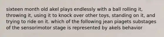 sixteen month old akel plays endlessly with a ball rolling it, throwing it, using it to knock over other toys, standing on it, and trying to ride on it. which of the following jean piagets substages of the sensorimotor stage is represented by akels behavior