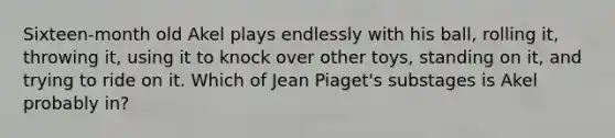 Sixteen-month old Akel plays endlessly with his ball, rolling it, throwing it, using it to knock over other toys, standing on it, and trying to ride on it. Which of Jean Piaget's substages is Akel probably in?