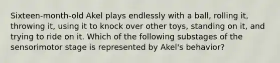 Sixteen-month-old Akel plays endlessly with a ball, rolling it, throwing it, using it to knock over other toys, standing on it, and trying to ride on it. Which of the following substages of the sensorimotor stage is represented by Akel's behavior?