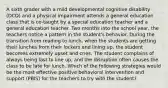 A sixth grader with a mild developmental cognitive disability (DCD) and a physical impairment attends a general education class that is co-taught by a special education teacher and a general education teacher. Two months into the school year, the teachers notice a pattern in the student's behavior. During the transition from reading to lunch, when the students are getting their lunches from their lockers and lining up, the student becomes extremely upset and cries. The student complains of always being last to line up, and the disruption often causes the class to be late for lunch. Which of the following strategies would be the most effective positive behavioral intervention and support (PBIS) for the teachers to try with the student?