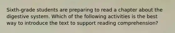 Sixth-grade students are preparing to read a chapter about the digestive system. Which of the following activities is the best way to introduce the text to support reading comprehension?