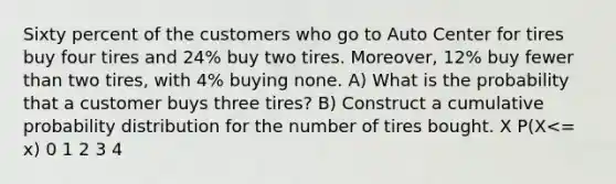 Sixty percent of the customers who go to Auto Center for tires buy four tires and 24% buy two tires. Moreover, 12% buy fewer than two tires, with 4% buying none. A) What is the probability that a customer buys three tires? B) Construct a cumulative probability distribution for the number of tires bought. X P(X<= x) 0 1 2 3 4