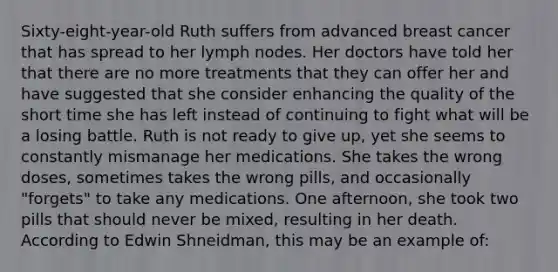 Sixty-eight-year-old Ruth suffers from advanced breast cancer that has spread to her lymph nodes. Her doctors have told her that there are no more treatments that they can offer her and have suggested that she consider enhancing the quality of the short time she has left instead of continuing to fight what will be a losing battle. Ruth is not ready to give up, yet she seems to constantly mismanage her medications. She takes the wrong doses, sometimes takes the wrong pills, and occasionally "forgets" to take any medications. One afternoon, she took two pills that should never be mixed, resulting in her death. According to Edwin Shneidman, this may be an example of: