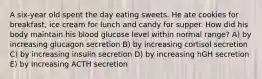 A six-year old spent the day eating sweets. He ate cookies for breakfast, ice cream for lunch and candy for supper. How did his body maintain his blood glucose level within normal range? A) by increasing glucagon secretion B) by increasing cortisol secretion C) by increasing insulin secretion D) by increasing hGH secretion E) by increasing ACTH secretion