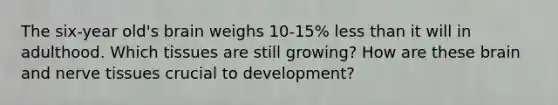The six-year old's brain weighs 10-15% less than it will in adulthood. Which tissues are still growing? How are these brain and nerve tissues crucial to development?
