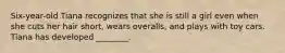 Six-year-old Tiana recognizes that she is still a girl even when she cuts her hair short, wears overalls, and plays with toy cars. Tiana has developed ________.