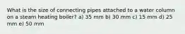 What is the size of connecting pipes attached to a water column on a steam heating boiler? a) 35 mm b) 30 mm c) 15 mm d) 25 mm e) 50 mm