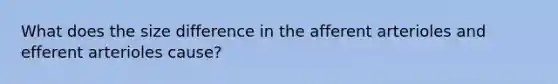 What does the size difference in the afferent arterioles and efferent arterioles cause?