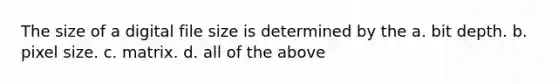 The size of a digital file size is determined by the a. bit depth. b. pixel size. c. matrix. d. all of the above