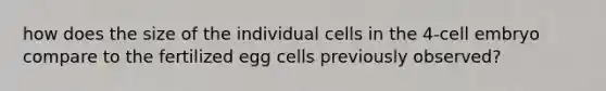 how does the size of the individual cells in the 4-cell embryo compare to the fertilized egg cells previously observed?