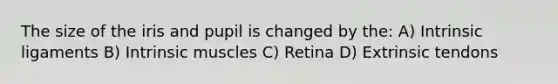 The size of the iris and pupil is changed by the: A) Intrinsic ligaments B) Intrinsic muscles C) Retina D) Extrinsic tendons