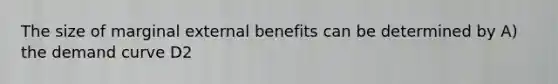 The size of marginal external benefits can be determined by A) the demand curve D2