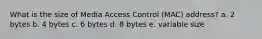 What is the size of Media Access Control (MAC) address? a. 2 bytes b. 4 bytes c. 6 bytes d. 8 bytes e. variable size