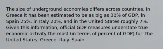 The size of underground economies differs across countries. In Greece it has been estimated to be as big as 30% of GDP, in Spain 25%, in Italy 20%, and in the United States roughly 7%. Given this information, official GDP measures understate true economic activity the most (in terms of percent of GDP) for: the United States. Greece. Italy. Spain.