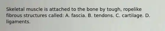 Skeletal muscle is attached to the bone by tough, ropelike fibrous structures called: A. fascia. B. tendons. C. cartilage. D. ligaments.