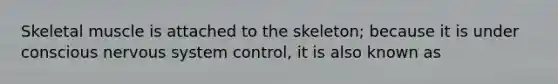 Skeletal muscle is attached to the skeleton; because it is under conscious nervous system control, it is also known as