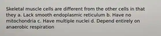 Skeletal muscle cells are different from the other cells in that they a. Lack smooth endoplasmic reticulum b. Have no mitochondria c. Have multiple nuclei d. Depend entirely on anaerobic respiration