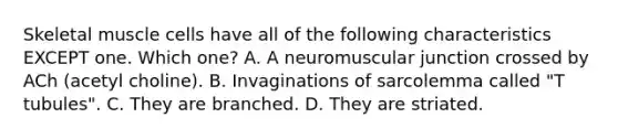 Skeletal muscle cells have all of the following characteristics EXCEPT one. Which one? A. A neuromuscular junction crossed by ACh (acetyl choline). B. Invaginations of sarcolemma called "T tubules". C. They are branched. D. They are striated.