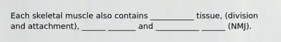 Each skeletal muscle also contains ___________ tissue, (division and attachment), ______ _______ and ___________ ______ (NMJ).