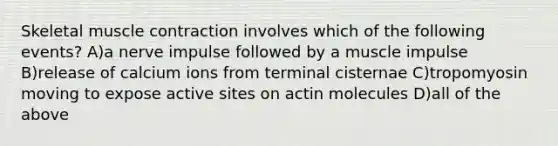 Skeletal muscle contraction involves which of the following events? A)a nerve impulse followed by a muscle impulse B)release of calcium ions from terminal cisternae C)tropomyosin moving to expose active sites on actin molecules D)all of the above