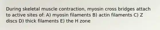 During skeletal <a href='https://www.questionai.com/knowledge/k0LBwLeEer-muscle-contraction' class='anchor-knowledge'>muscle contraction</a>, myosin cross bridges attach to active sites of: A) myosin filaments B) actin filaments C) Z discs D) thick filaments E) the H zone