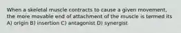 When a skeletal muscle contracts to cause a given movement, the more movable end of attachment of the muscle is termed its A) origin B) insertion C) antagonist D) synergist