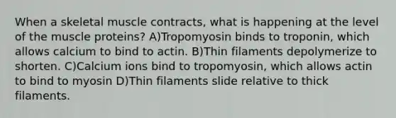 When a skeletal muscle contracts, what is happening at the level of the muscle proteins? A)Tropomyosin binds to troponin, which allows calcium to bind to actin. B)Thin filaments depolymerize to shorten. C)Calcium ions bind to tropomyosin, which allows actin to bind to myosin D)Thin filaments slide relative to thick filaments.