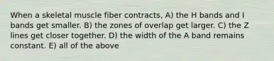 When a skeletal muscle fiber contracts, A) the H bands and I bands get smaller. B) the zones of overlap get larger. C) the Z lines get closer together. D) the width of the A band remains constant. E) all of the above