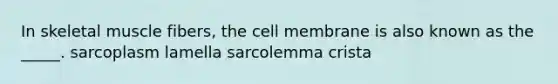 In skeletal muscle fibers, the cell membrane is also known as the _____. sarcoplasm lamella sarcolemma crista