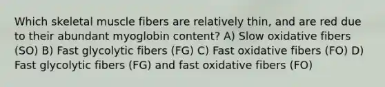 Which skeletal muscle fibers are relatively thin, and are red due to their abundant myoglobin content? A) Slow oxidative fibers (SO) B) Fast glycolytic fibers (FG) C) Fast oxidative fibers (FO) D) Fast glycolytic fibers (FG) and fast oxidative fibers (FO)