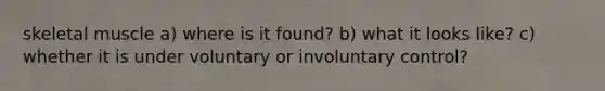 skeletal muscle a) where is it found? b) what it looks like? c) whether it is under voluntary or involuntary control?