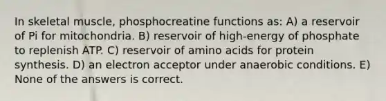 In skeletal muscle, phosphocreatine functions as: A) a reservoir of Pi for mitochondria. B) reservoir of high-energy of phosphate to replenish ATP. C) reservoir of amino acids for protein synthesis. D) an electron acceptor under anaerobic conditions. E) None of the answers is correct.