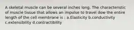 A skeletal muscle can be several inches long. The characteristic of muscle tissue that allows an impulse to travel dow the entire length of the cell membrane is : a.Elasticity b.conductivity c.extensibility d.contractibility