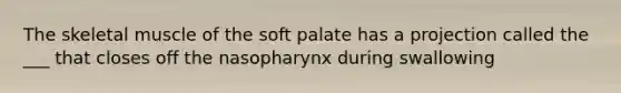 The skeletal muscle of the soft palate has a projection called the ___ that closes off the nasopharynx during swallowing