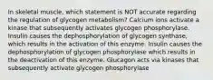 In skeletal muscle, which statement is NOT accurate regarding the regulation of glycogen metabolism? Calcium ions activate a kinase that subsequently activates glycogen phosphorylase. Insulin causes the dephosphorylation of glycogen synthase, which results in the activation of this enzyme. Insulin causes the dephosphorylation of glycogen phosphorylase which results in the deactivation of this enzyme. Glucagon acts via kinases that subsequently activate glycogen phosphorylase