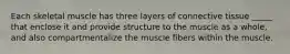 Each skeletal muscle has three layers of connective tissue _____ that enclose it and provide structure to the muscle as a whole, and also compartmentalize the muscle fibers within the muscle.