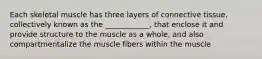 Each skeletal muscle has three layers of connective tissue, collectively known as the ____________, that enclose it and provide structure to the muscle as a whole, and also compartmentalize the muscle fibers within the muscle